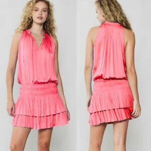 Current Air Hot Pink Print Satin Ruched Cara Pleated Mini Dress